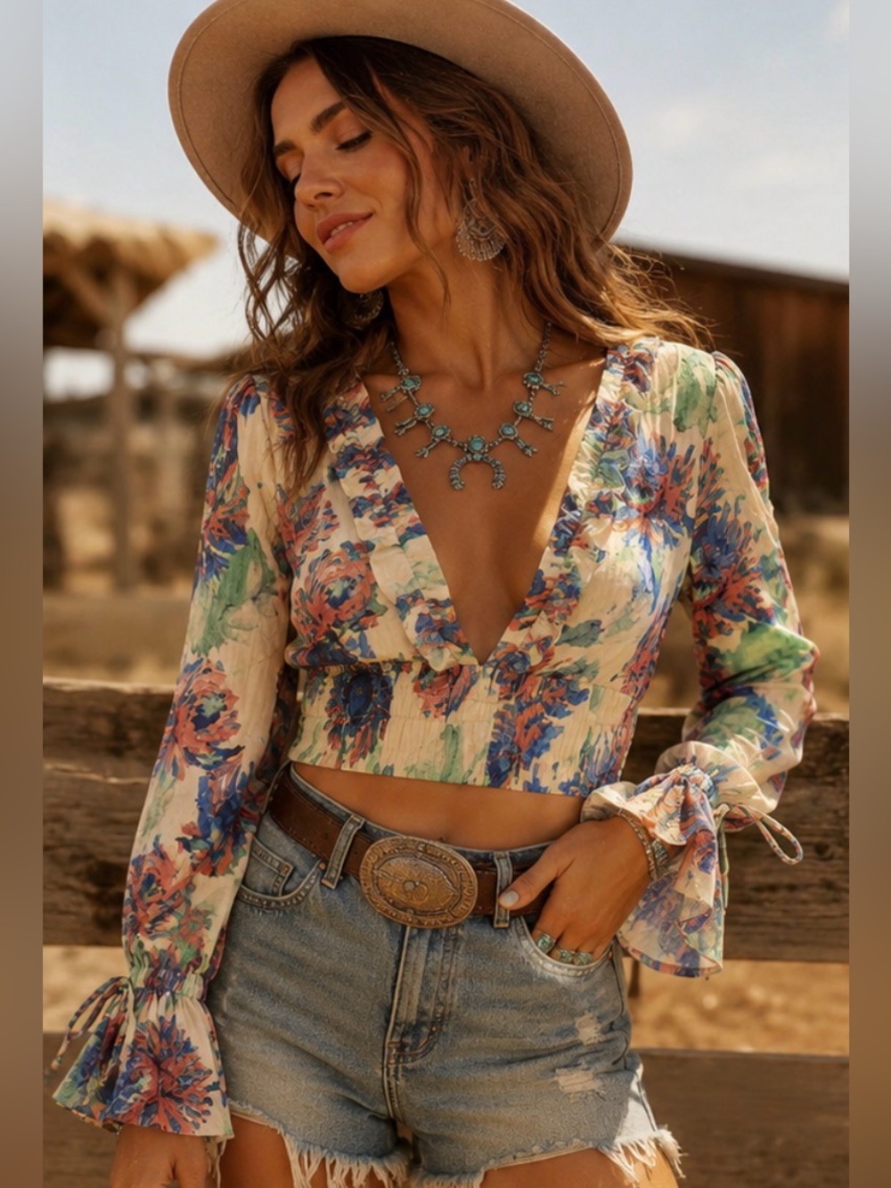 Floral Ruffle V-Neck Crop Top - Multicolor